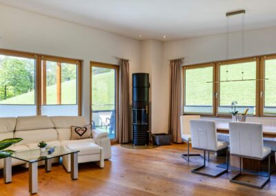 Heller Wohnraum mit großen Fenstern, Sofa und Kaminofen.
