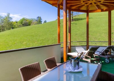 Überdachte Terrasse mit Tisch und vier Stühlen, im Hintergrund grüne Wiese.
