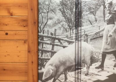 Schwarz-weißes Wandbild eines Schweins auf Holzdekor in Hotelflur.